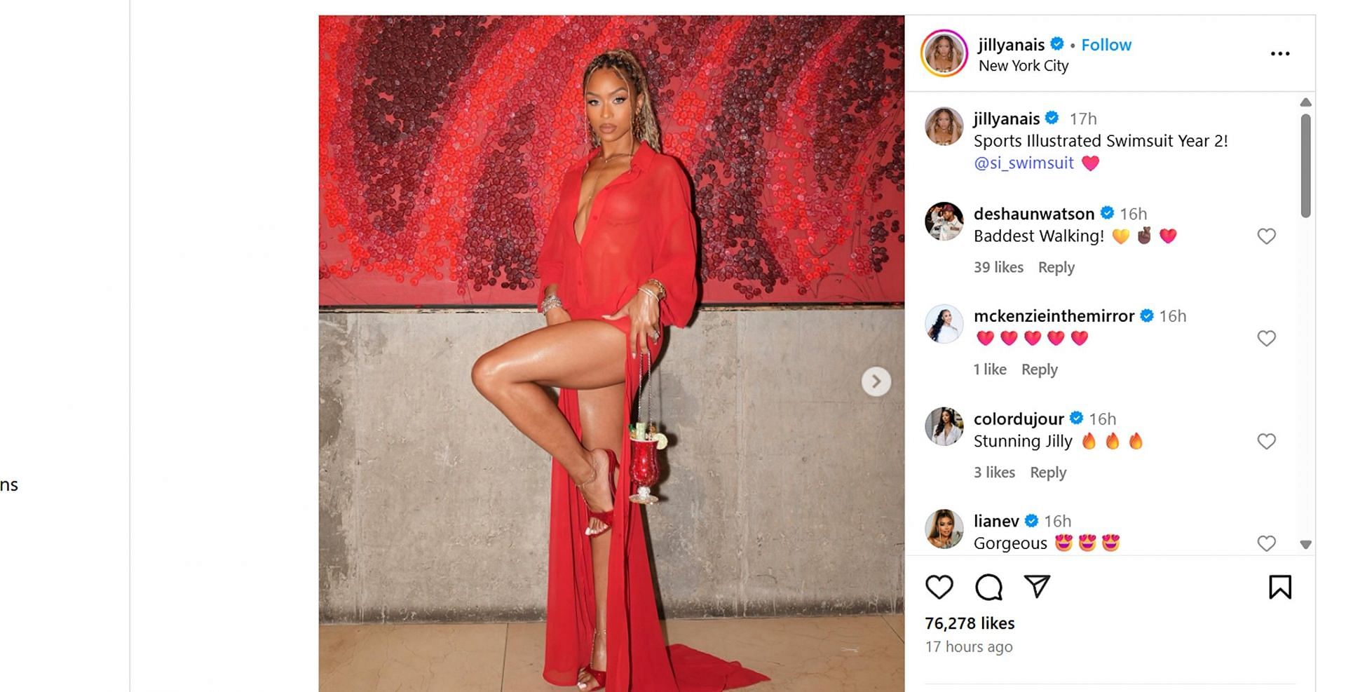 Deshaun Watson gushes over fiancée Jilly Anais' looks for SI launch party in NYC/@jillyanais